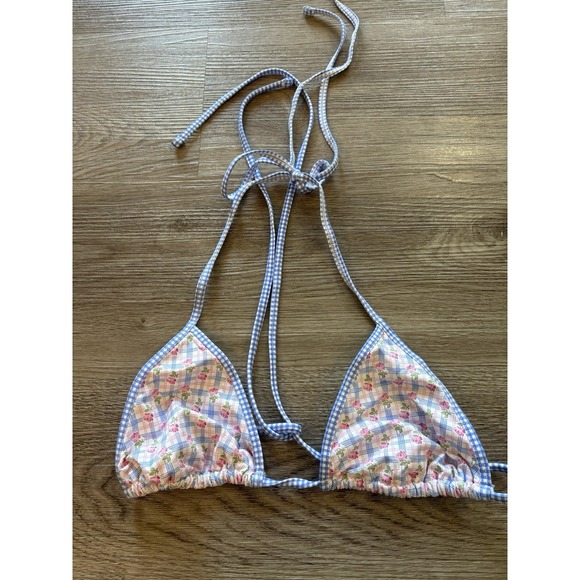 New! Frankie's Bikini's Nick Plaid Top Triangle Bikini Size Large - Picture 1 of 3